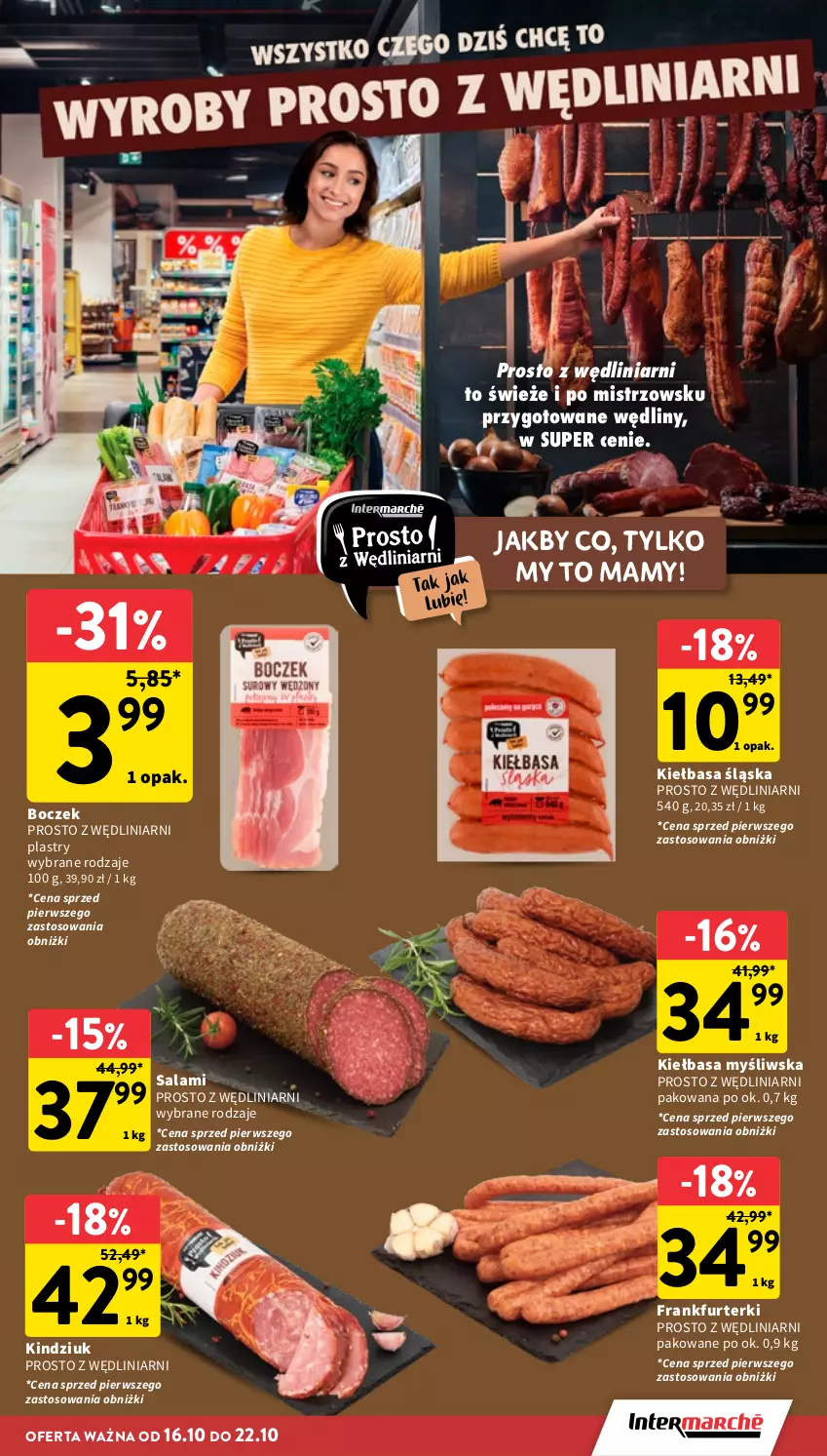 Gazetka promocyjna Intermarche - Gazetka promocyjna - ważna 16.10 do 22.10.2025 - strona 15 - produkty: Boczek, Frankfurterki, Kiełbasa, Kiełbasa śląska, Kindziuk, Salami
