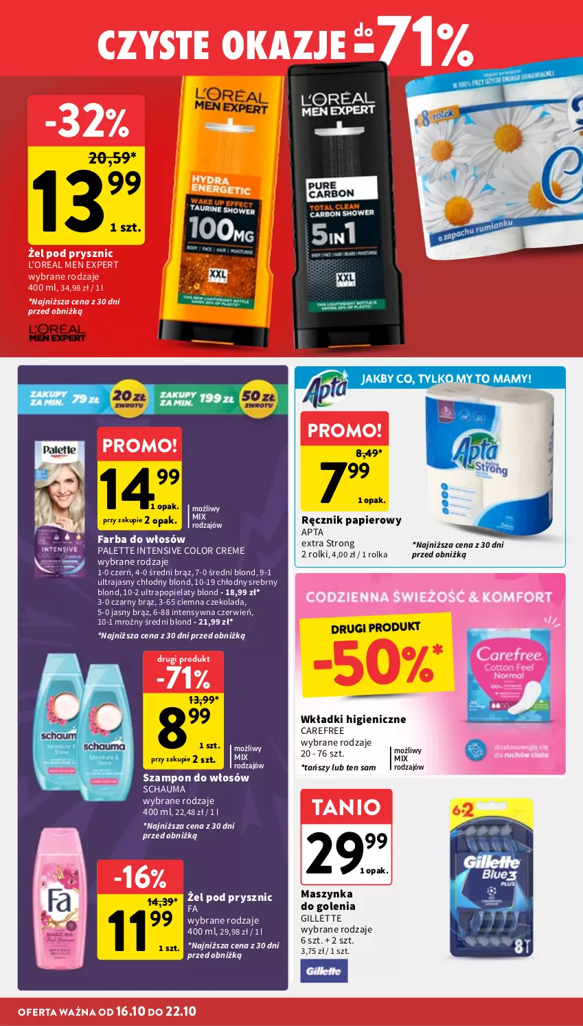 Gazetka promocyjna Intermarche - Gazetka promocyjna - ważna 16.10 do 22.10.2025 - strona 32 - produkty: Carefree, Color Creme, Czekolada, Fa, Farba do włosów, Gillette, Maszynka, Maszynka do golenia, Palette, Papier, Ręcznik, Rolki, Schauma, Szampon, Szynka, Wkładki