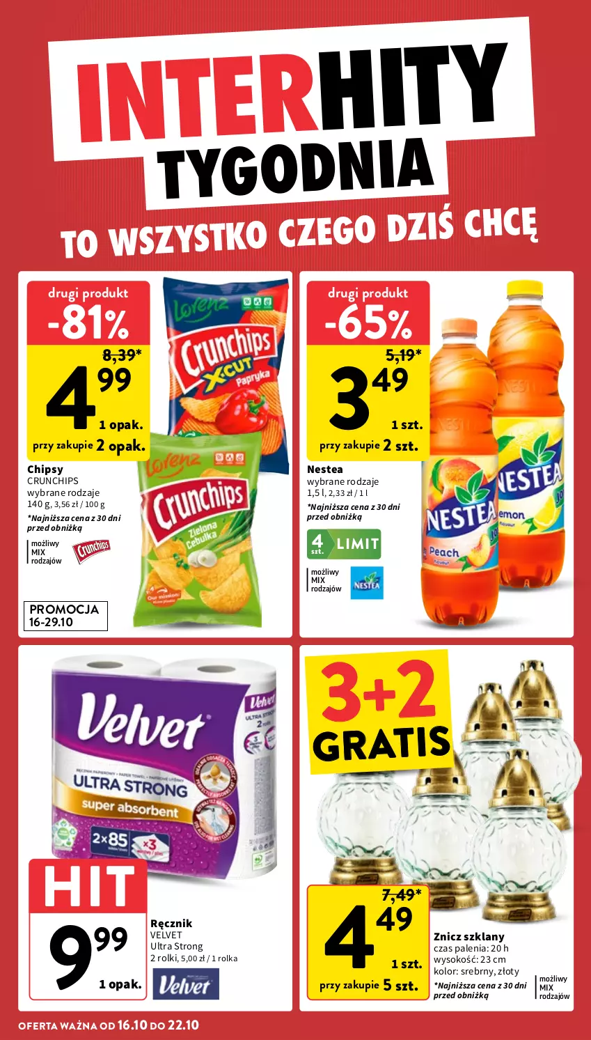 Gazetka promocyjna Intermarche - Gazetka promocyjna - ważna 16.10 do 22.10.2025 - strona 6 - produkty: Chipsy, Crunchips, Gra, Nestea, Ręcznik, Rolki, Sok, Velvet, Znicz