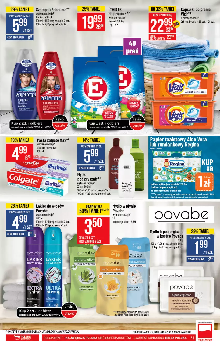 Gazetka promocyjna PoloMarket - Gazetka promocyjna  r - ważna 07.04 do 13.04.2021 - strona 31 - produkty: Aloe vera, BIC, Colgate, Fa, Gin, Kapsułki do prania, Lakier, Lakier do włosów, Laur, LG, Mydło, Mydło w płynie, Papier, Papier toaletowy, Schauma, Szampon, Vizir, Waga, Ziaja