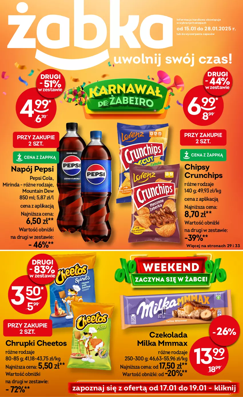 Gazetka promocyjna Żabka - ważna 15.01 do 28.01.2025 - strona 1 - produkty: Cheetos, Chipsy, Chrupki, Crunchips, Czekolada, Milka, Mirinda, Napój, Pepsi