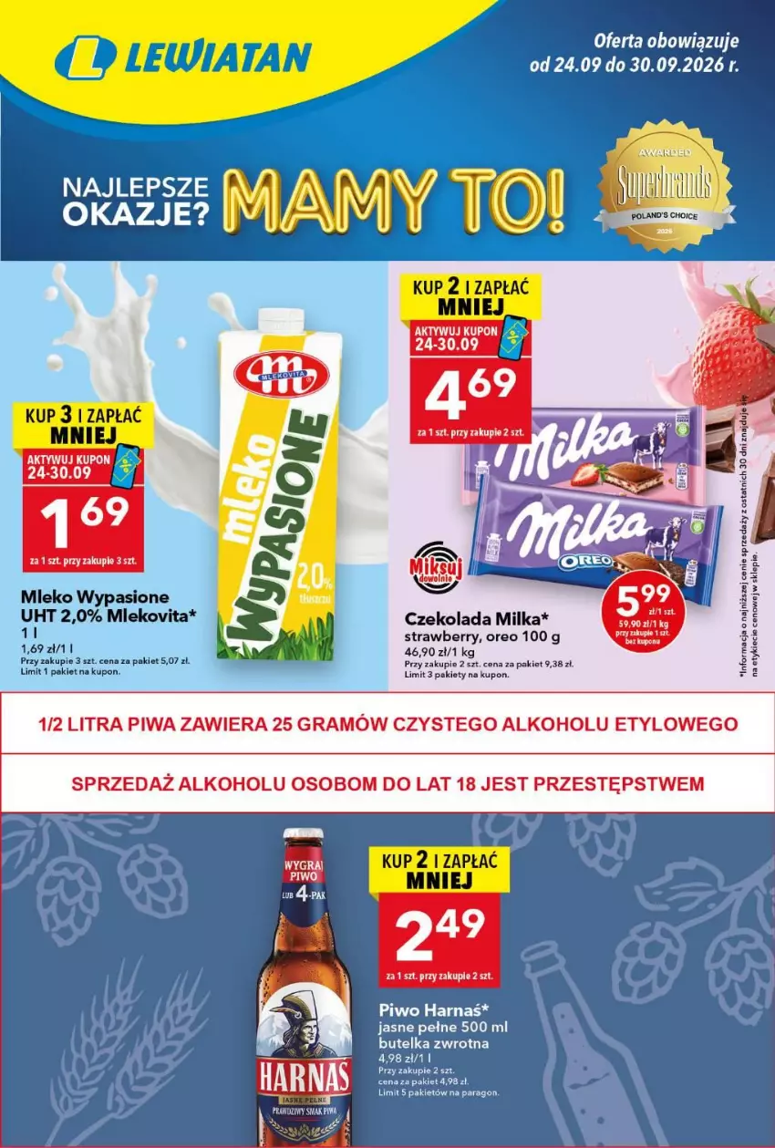 Gazetka promocyjna Lewiatan - Gazetka ogólnopolska - ważna 24.09 do 30.09.2026 - strona 1 - produkty: Czekolada, Gra, Milka, Mleko, Mlekovita, Oreo, Piwa, Pled, Vita C