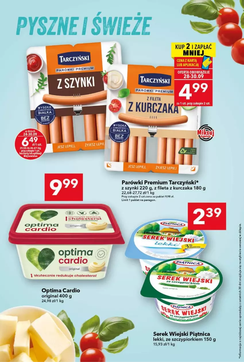 Gazetka promocyjna Lewiatan - Gazetka ogólnopolska - ważna 24.09 do 30.09.2026 - strona 3 - produkty: Gin, Kurczak, Optima, Optima Cardio, Parówki, Piątnica, Ser, Serek, Serek wiejski, Tarczyński