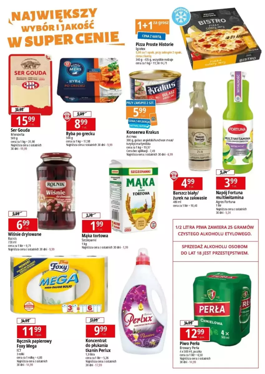 Gazetka promocyjna E Leclerc - ważna 17.03 do 22.03.2025 - strona 4 - produkty: Fortuna, Foxy, Gouda, Gra, Krakus, Mąka, Mąka tortowa, Mleko, Napój, Papier, Perła, Piwa, Piwo, Pizza, Ręcznik, Rolki, Rolnik, Ryba, Ryba po grecku, Ser