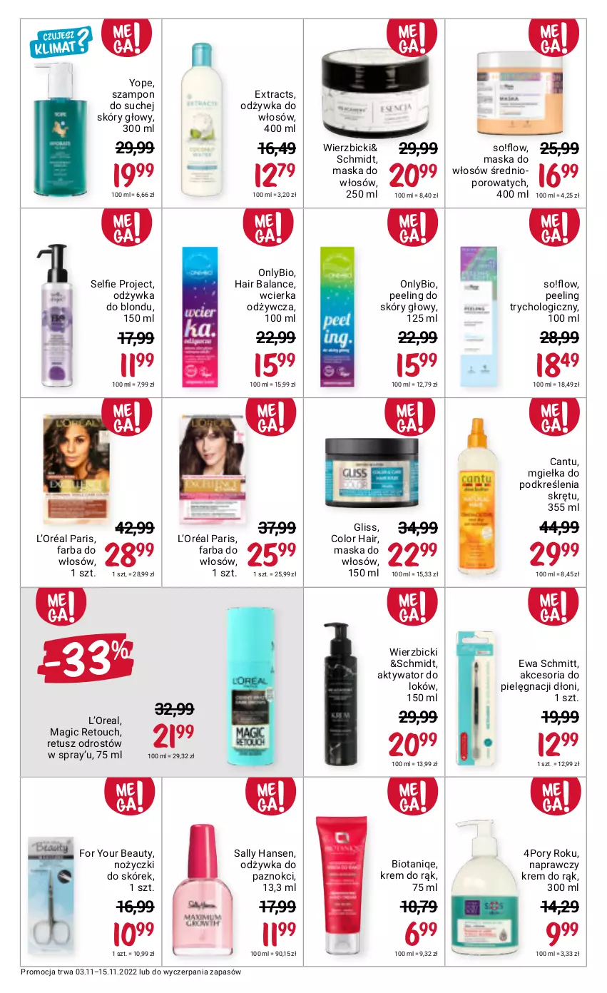 Gazetka promocyjna Rossmann - 3 listopada - ważna 03.11 do 15.11.2022 - strona 18 - produkty: BIC, Ewa Schmitt, Fa, Farba do włosów, For Your Beauty, Krem do rąk, L’Oréal, Maska, Maska do włosów, Noż, Nożyczki, Odżywka, Peeling, Por, Sally Hansen, Szampon, Tusz, Yope