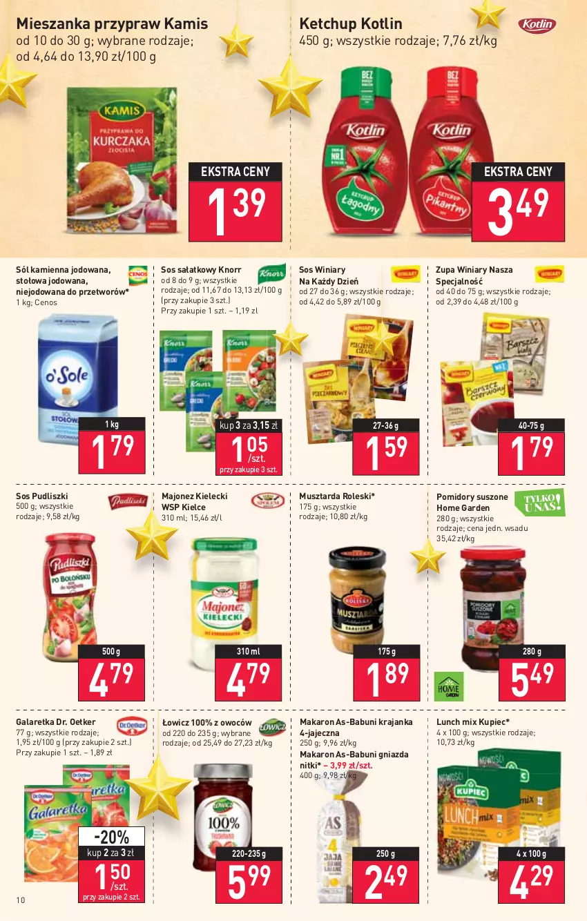 Gazetka promocyjna Stokrotka - Market - ważna 25.11 do 01.12.2021 - strona 10 - produkty: Babuni, Cenos, Dr. Oetker, Gala, Galaretka, Kamis, Ketchup, Knorr, Kotlin, Kupiec, Majonez, Makaron, Mus, Musztarda, Piec, Pomidory, Pudliszki, Sałat, Sól, Sos, Winiary, Zupa