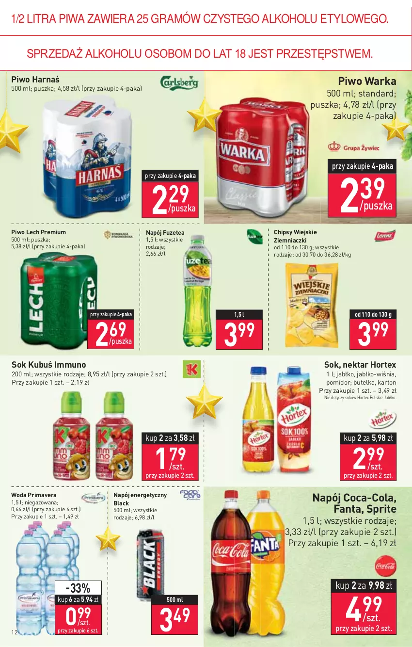 Gazetka promocyjna Stokrotka - Market - ważna 25.11 do 01.12.2021 - strona 12 - produkty: Chipsy, Coca-Cola, Fa, Fanta, Gra, Harnaś, Hortex, Kubuś, Lack, Lech Premium, Napój, Napój energetyczny, Nektar, Piwa, Piwo, Prima, Primavera, Sok, Sprite, Warka, Woda