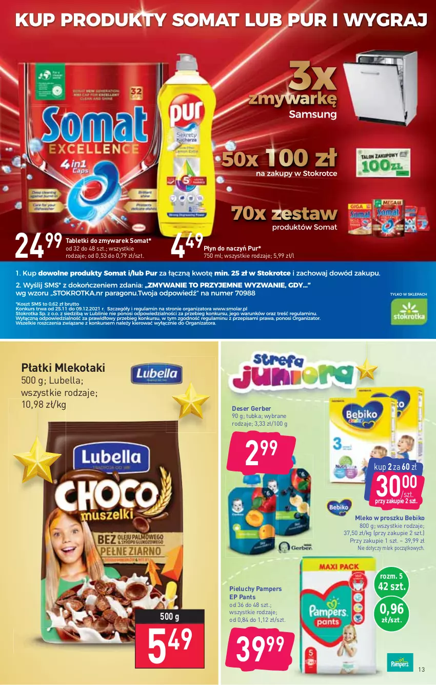 Gazetka promocyjna Stokrotka - Market - ważna 25.11 do 01.12.2021 - strona 13 - produkty: Bebiko, Bell, Bella, Deser, Gerber, Lubella, Mleko, Mleko w proszku, Pampers, Pieluchy, Pur, Ser, Somat, Tablet