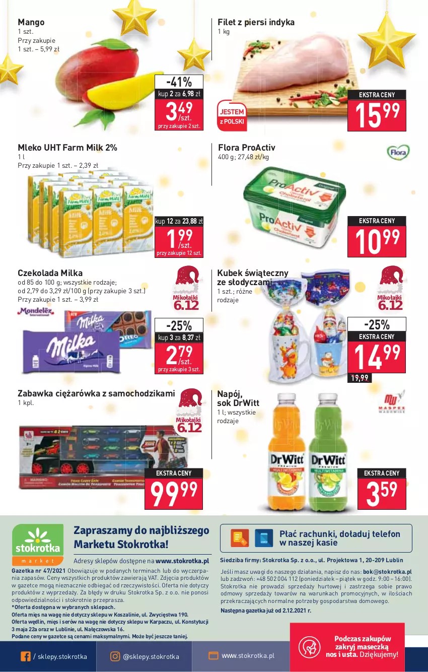 Gazetka promocyjna Stokrotka - Market - ważna 25.11 do 01.12.2021 - strona 16 - produkty: Chodzik, Czekolada, Fa, Farm Milk, Filet z piersi indyka, Flora, Karp, Kosz, Kubek, Mango, Milka, Mleko, Napój, O nas, Ser, Sok, Szal, Telefon, Wagi, Zabawka