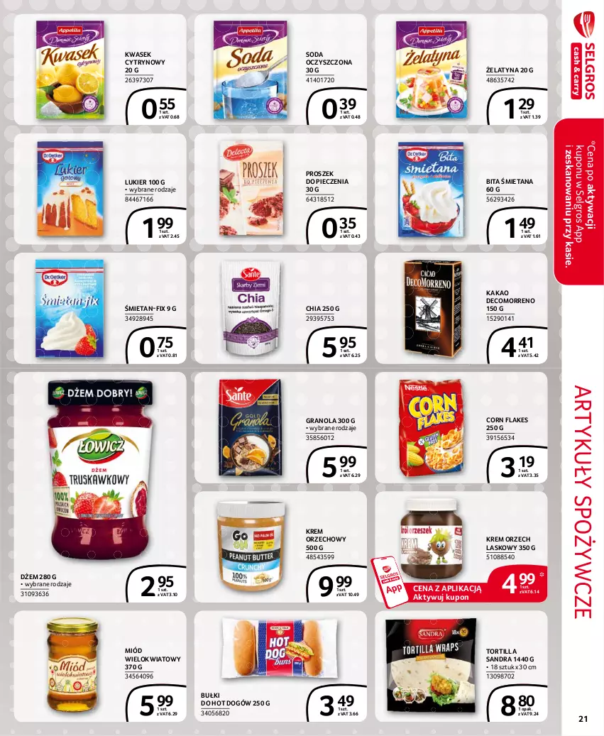 Gazetka promocyjna Selgros - Extra Oferta - ważna 01.04 do 30.04.2021 - strona 21 - produkty: Artykuły spożywcze, Bułki do hot dogów, Chia, Corn flakes, Dżem, Gra, Granola, Hot dog, Kakao, Krem orzechowy, LG, Miód, Piec, Proszek do pieczenia, Soda oczyszczona, Tortilla