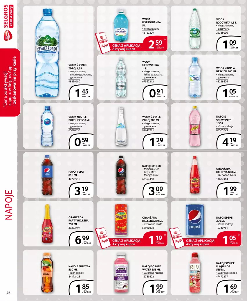 Gazetka promocyjna Selgros - Extra Oferta - ważna 01.04 do 30.04.2021 - strona 26 - produkty: 7up, Cisowianka, Hellena, LG, Mango, Mirinda, Napój, Napoje, Nestlé, Oranżada, Oshee, Pepsi, Pepsi max, Pur, Schweppes, Woda