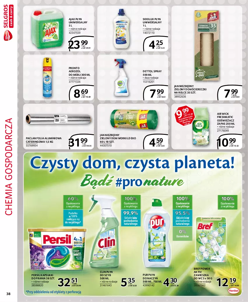 Gazetka promocyjna Selgros - Extra Oferta - ważna 01.04 do 30.04.2021 - strona 38 - produkty: Air Wick, Ajax, Bref, Clin, Dettol, Folia aluminiowa, Jan Niezbędny, Kapsułki do prania, Persil, Płyn do szyb, Pronto, Pur, Sidolux, Zawieszka do wc