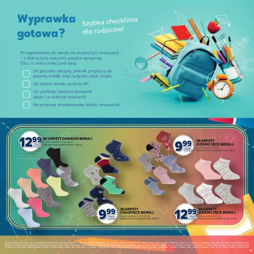 Gazetka promocyjna Stokrotka - Katalog Witaj Szkoło! - ważna 13.08 do 01.09.2025 - strona 15 - produkty: Bielizna, Chusteczki, Karp, Klej, Mięso, Mus, Noż, Nożyczki, Owoce, Piórnik, Plecak, Skarpetki, Warzywa