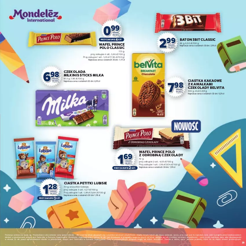 Gazetka promocyjna Stokrotka - Katalog Witaj Szkoło! - ważna 13.08 do 01.09.2025 - strona 25 - produkty: Baton, BelVita, Ciastka, Czekolada, Kakao, Kawa, Lubisie, Mięso, Milka, Owoce, Prince Polo, Warzywa