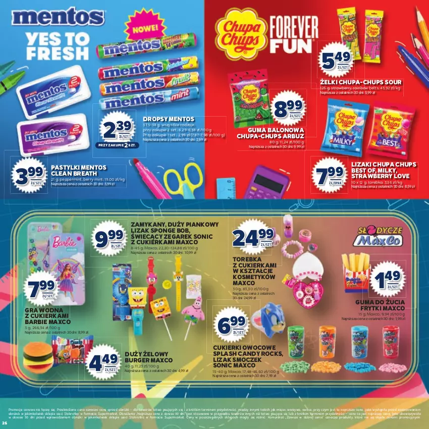 Gazetka promocyjna Stokrotka - Katalog Witaj Szkoło! - ważna 13.08 do 01.09.2025 - strona 26 - produkty: Arbuz, Barbie, Burger, Candy, Chupa Chups, Cukier, Cukierki, Frytki, Gra, Guma do żucia, Lizaki, Mentos, Mięso, Owoce, Pastylki, Torebka, Warzywa, Zegar, Zegarek