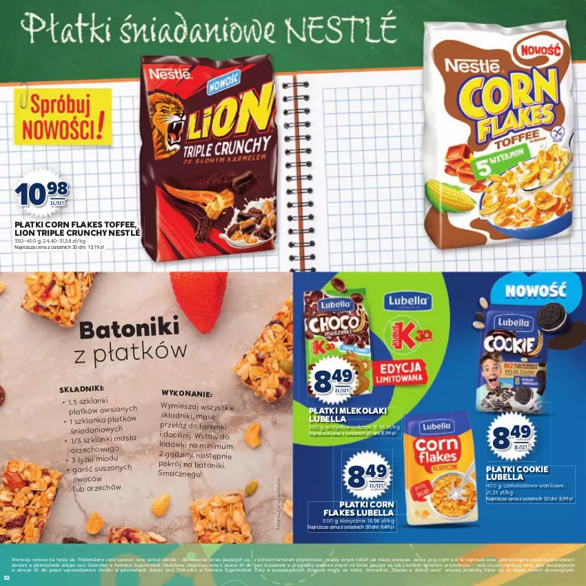 Gazetka promocyjna Stokrotka - Katalog Witaj Szkoło! - ważna 13.08 do 01.09.2025 - strona 32 - produkty: Baton, Bell, Bella, Corn flakes, Danio, Foremki, Lanki, Lion, Lubella, Mięso, Mleko, Nestlé, Owoce, Szklanka, Tonik, Warzywa
