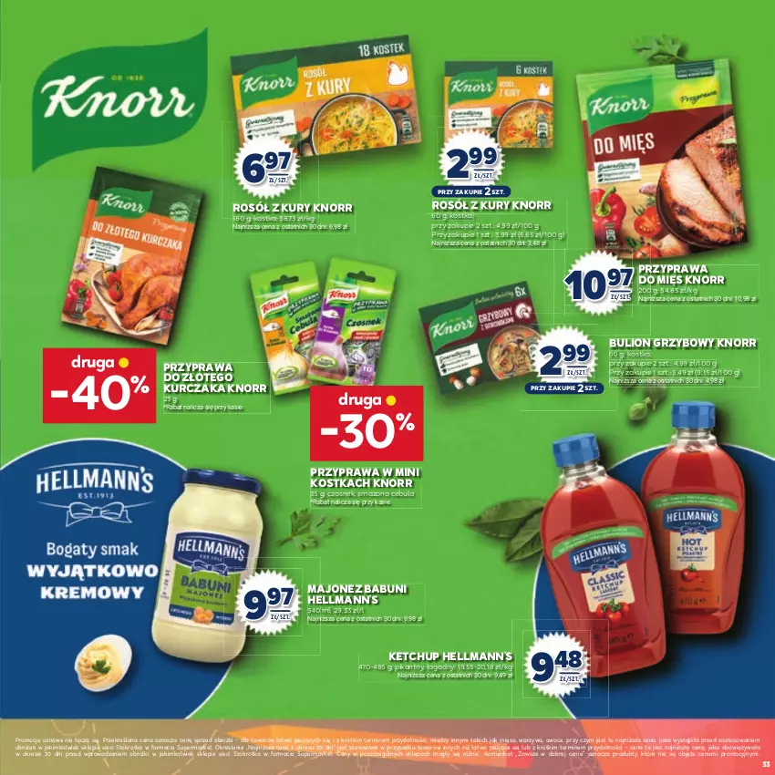 Gazetka promocyjna Stokrotka - Katalog Witaj Szkoło! - ważna 13.08 do 01.09.2025 - strona 33 - produkty: Babuni, Bulion, Cebula, Czosnek, Hellmann’s, Ketchup, Knorr, Kurczak, Lion, Majonez, Mięso, Owoce, Rosół, Warzywa