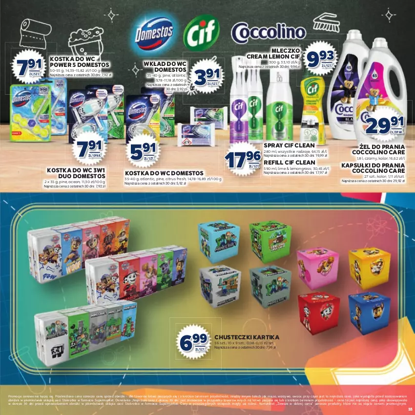 Gazetka promocyjna Stokrotka - Katalog Witaj Szkoło! - ważna 13.08 do 01.09.2025 - strona 55 - produkty: Chusteczki, Cif, Coccolino, Domestos, Gra, Kapsułki do prania, Kostka do wc, Mięso, Mleczko, Owoce, Warzywa