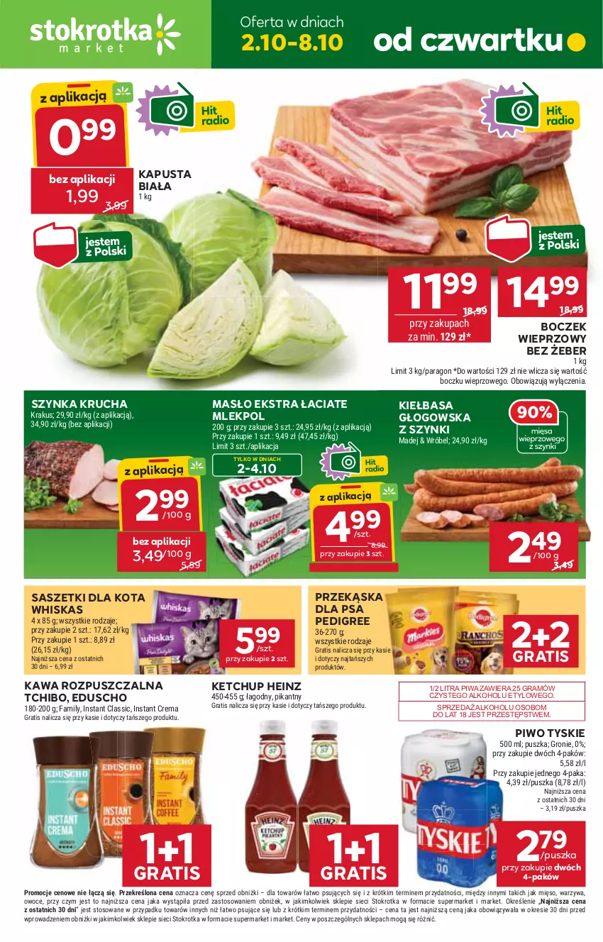 Gazetka promocyjna Stokrotka - Market - ważna 02.10 do 08.10.2025 - strona 1 - produkty: Boczek, Boczek wieprzowy, Fa, Gra, Heinz, Kawa, Kawa rozpuszczalna, Ketchup, Kiełbasa, Kiełbasa głogowska, Krakus, Masło, Mięso, Owoce, Pedigree, Piwa, Piwo, Szynka, Tchibo, Tyskie, Warzywa, Whiskas