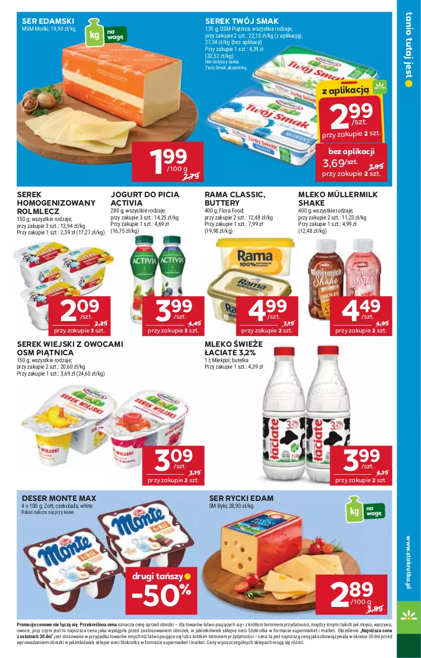 Gazetka promocyjna Stokrotka - Market - ważna 02.10 do 08.10.2025 - strona 15 - produkty: Activia, Aksam, Czekolada, Deser, Edam, Flora, Jogurt, Mięso, Mleko, Monte, Müller, Owoce, Piątnica, Rama, Rolmlecz, Rycki Edam, Ser, Serek, Serek homogenizowany, Serek wiejski, Twój Smak, Warzywa, Zott