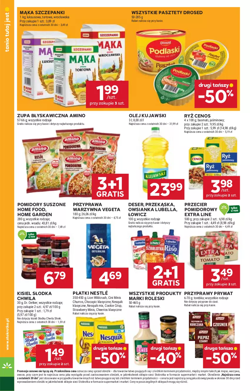 Gazetka promocyjna Stokrotka - Market - ważna 02.10 do 08.10.2025 - strona 18 - produkty: Bell, Bella, Cenos, Cheerios, Cini Minis, Deser, Dr. Oetker, Gra, Kisiel, Kujawski, Lion, Lubella, Mąka, Mięso, Nesquik, Nestlé, Olej, Owoce, Owsianka, Pasztet, Pomidory, Prymat, Przyprawy, Ryż, Ser, Słodka Chwila, Torebka, Vegeta, Warzywa, Zupa