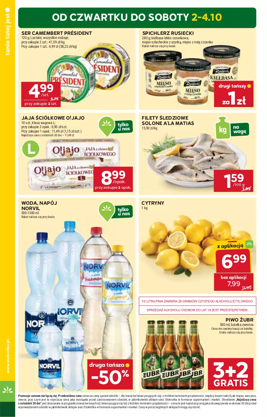 Gazetka promocyjna Stokrotka - Market - ważna 02.10 do 08.10.2025 - strona 2 - produkty: Camembert, Cytryny, Gra, Jaja, Kiełbasa, Mięso, Napój, Owoce, Piwa, Piwo, Président, Ser, Spichlerz Rusiecki, Warzywa, Woda