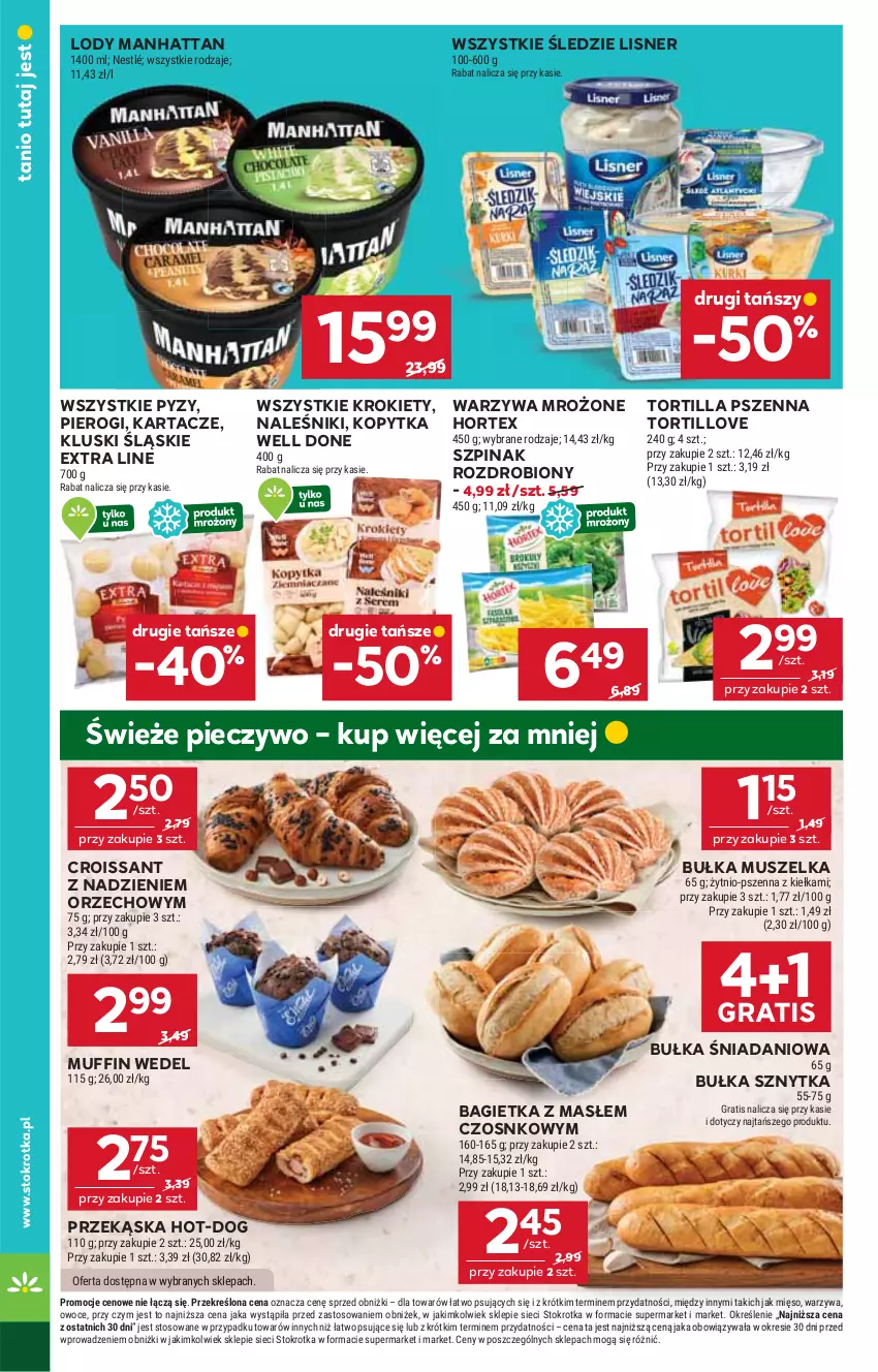 Gazetka promocyjna Stokrotka - Market - ważna 02.10 do 08.10.2025 - strona 24 - produkty: Bagietka, Bułka, Croissant, Danio, Gra, Hortex, Kopytka, Krokiety, Lisner, Lody, Mięso, Mus, Naleśniki, Nestlé, Owoce, Piec, Pieczywo, Pierogi, Szpinak, Tortilla, Warzywa
