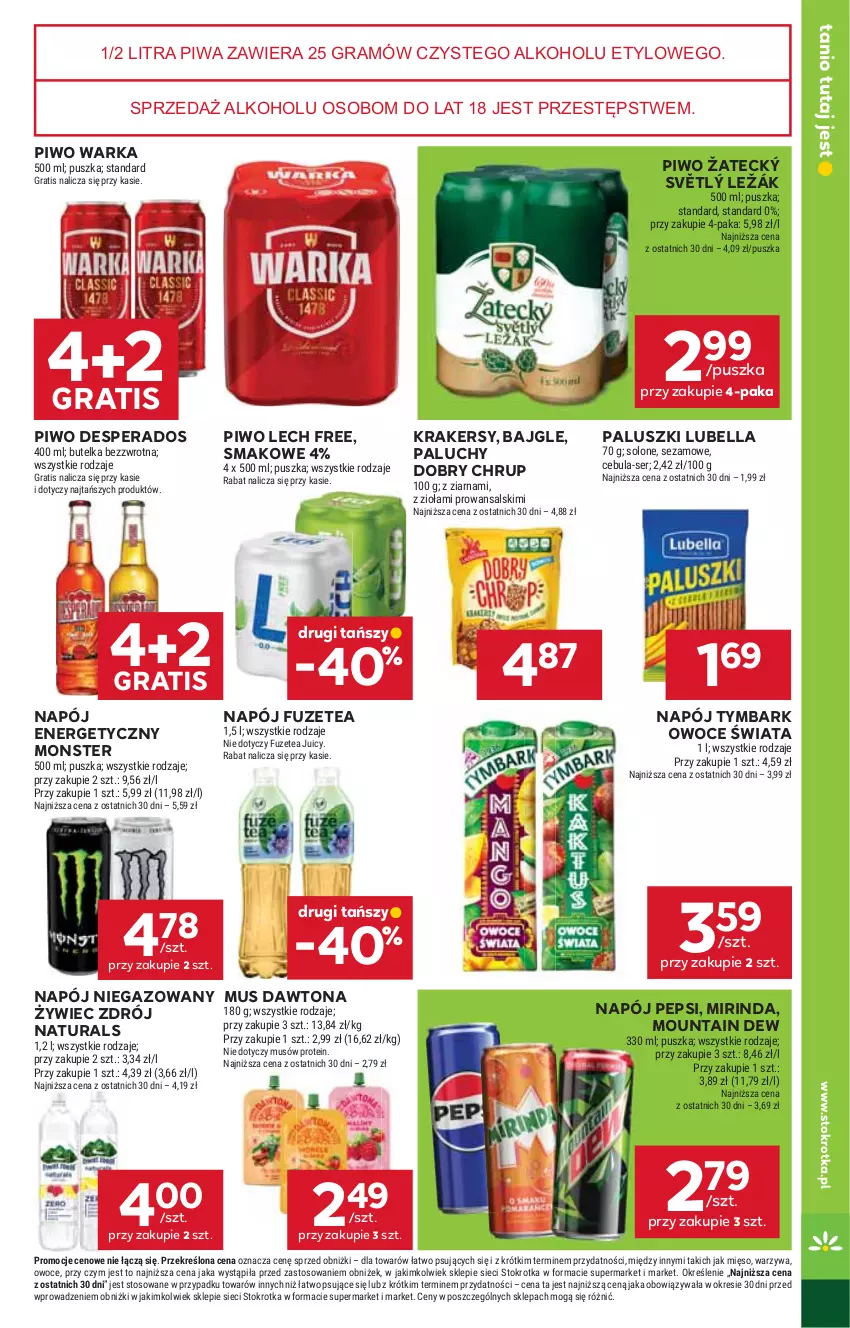 Gazetka promocyjna Stokrotka - Market - ważna 02.10 do 08.10.2025 - strona 25 - produkty: Bajgle, Bell, Bella, Cebula, Dawtona, Desperados, Gra, Krakersy, Lubella, Mięso, Mirinda, Mus, Napój, Napój energetyczny, Napój niegazowany, Owoce, Pepsi, Piwa, Piwo, Ser, Sezam, Tymbark, Warka, Warzywa