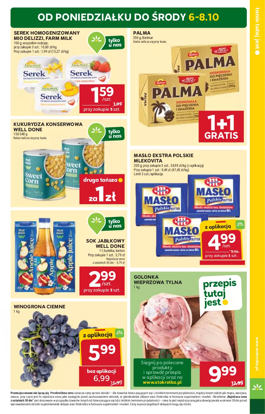 Gazetka promocyjna Stokrotka - Market - ważna 02.10 do 08.10.2025 - strona 3 - produkty: Fa, Farm Milk, Golonka wieprzowa, Gra, Kukurydza, Kukurydza konserwowa, Masło, Mięso, Mleko, Mlekovita, Owoce, Palma, Ser, Serek, Serek homogenizowany, Sok, Sok jabłkowy, Warzywa, Wino, Winogrona