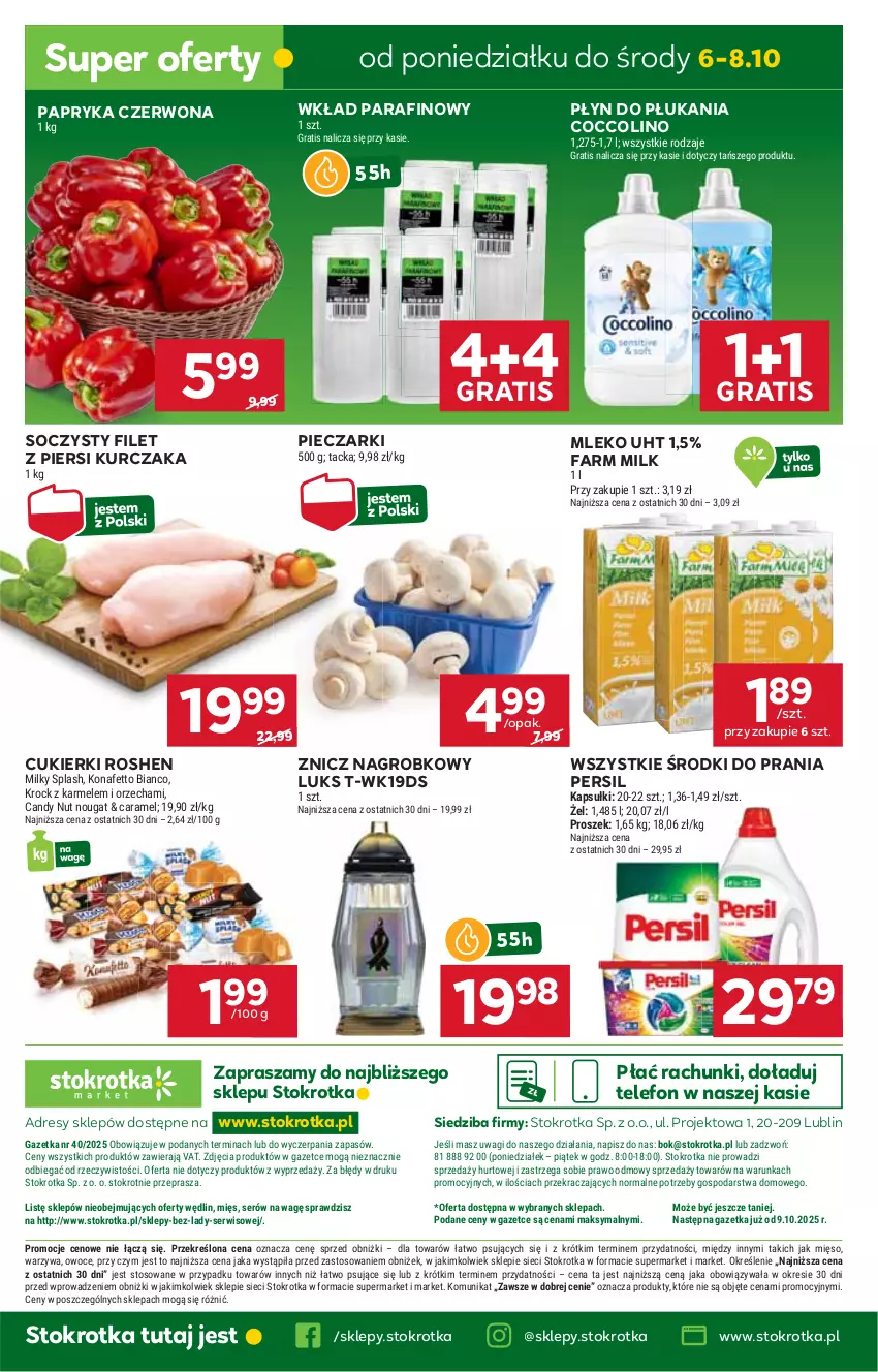 Gazetka promocyjna Stokrotka - Market - ważna 02.10 do 08.10.2025 - strona 34 - produkty: Candy, Coccolino, Cukier, Cukierki, Dres, Fa, Farm Milk, Filet z piersi kurczaka, Gra, JBL, Kurczak, Mięso, Mleko, O nas, Owoce, Papryka, Papryka czerwona, Persil, Piec, Płyn do płukania, Ser, Telefon, Wagi, Warzywa, Znicz