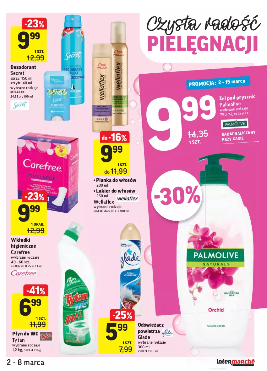 Gazetka promocyjna Intermarche - ważna 02.03 do 08.03.2021 - strona 35 - produkty: Carefree, Dezodorant, Lakier, Lakier do włosów, Odświeżacz powietrza, Palmolive, Pianka do włosów, Płyn do wc, Tytan, Wella, Wellaflex, Wkładki