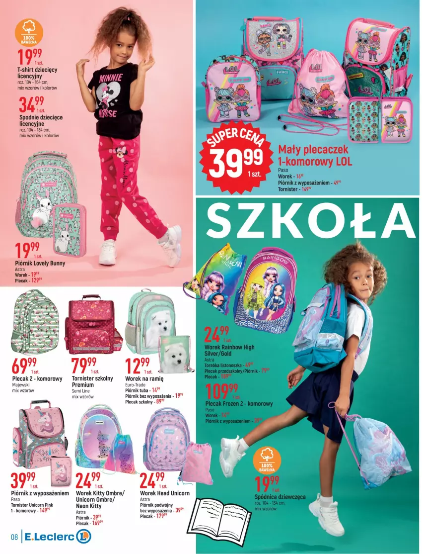 Gazetka promocyjna E Leclerc - ważna 16.08 do 28.08.2022 - strona 8 - produkty: Dzieci, Frozen, Lovely, Piórnik, Plecak, Spódnica, Spodnie, T-shirt, Torebka