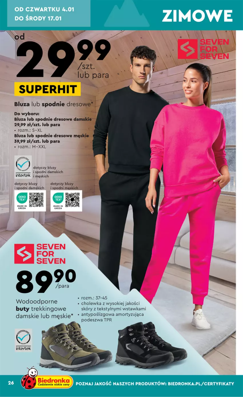 Gazetka promocyjna Biedronka - Okazje tygodnia - ważna 02.01 do 13.01.2024 - strona 26 - produkty: Bluza, Buty, Dres, Por, Sok, Spodnie, Spodnie dresowe