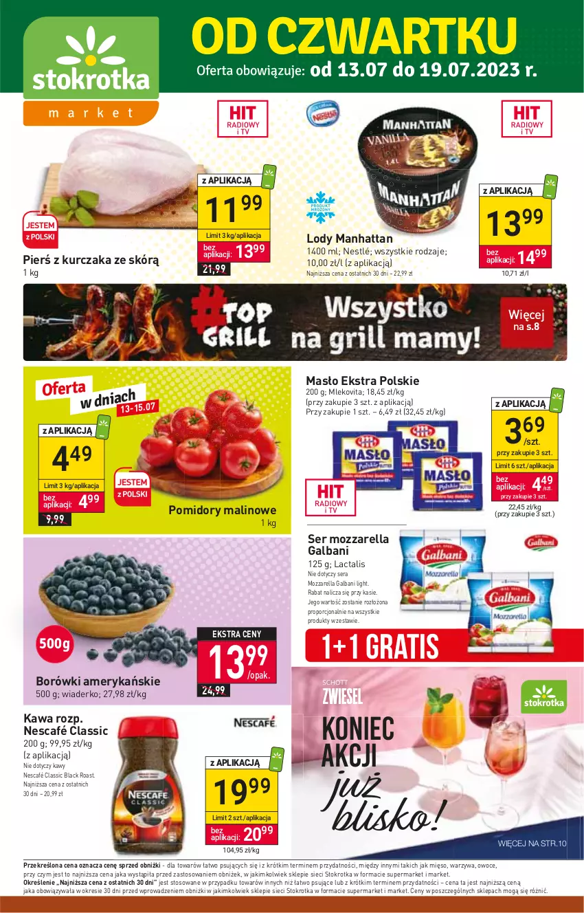 Gazetka promocyjna Stokrotka - Market - ważna 13.07 do 19.07.2023 - strona 1 - produkty: Galbani, Gra, Kawa, Kurczak, Lack, Lody, Masło, Mięso, Mleko, Mlekovita, Mozzarella, Nescafé, Nestlé, Owoce, Pomidory, Por, Ser, Warzywa