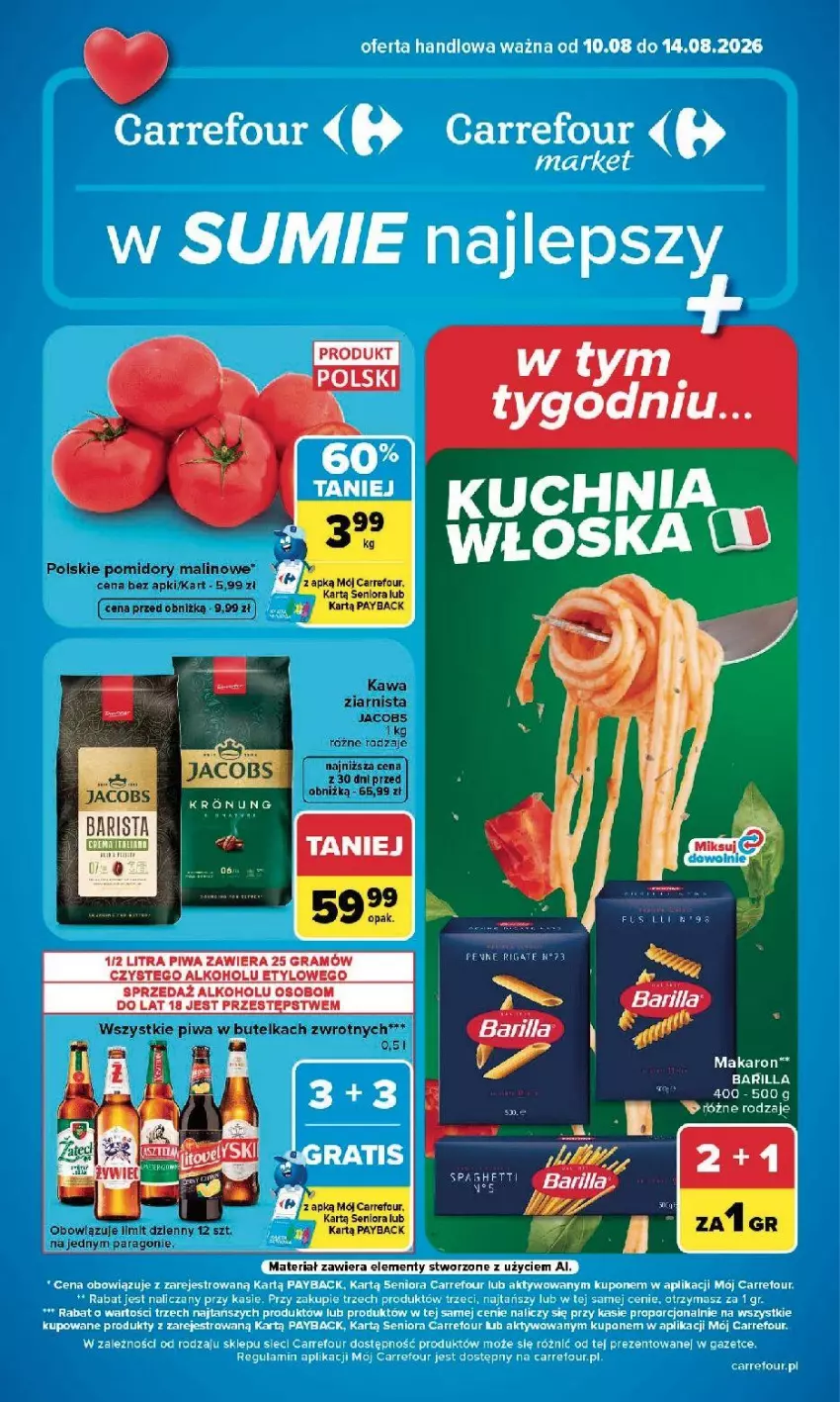 Gazetka promocyjna Carrefour - Gazetka Carrefour, Market w SUMIE najlepszy, od poniedziałku - ważna 10.08 do 14.08.2026 - strona 1 - produkty: Fa, Jacobs, Makaron, Pomidory, Por