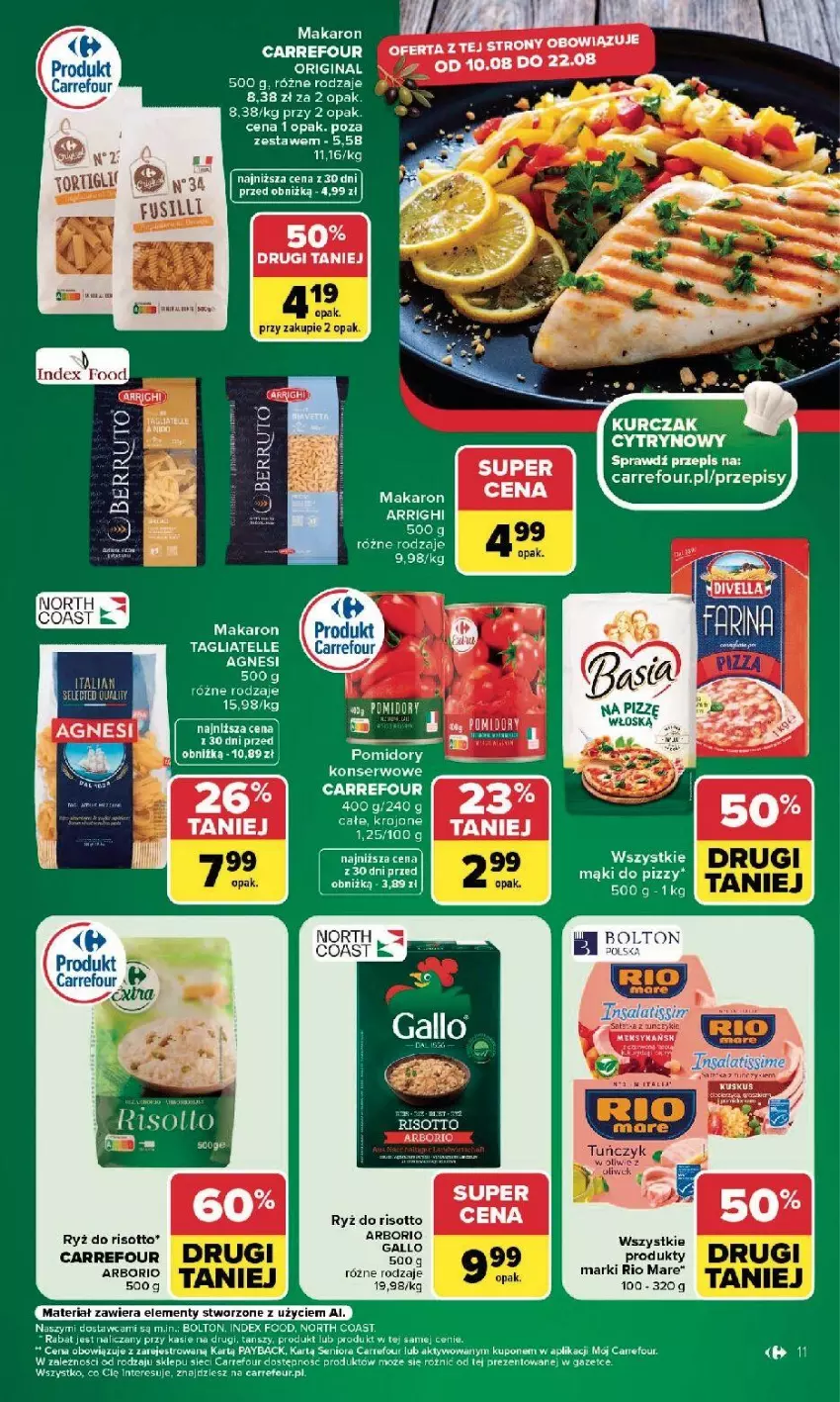 Gazetka promocyjna Carrefour - Gazetka Carrefour, Market w SUMIE najlepszy, od poniedziałku - ważna 10.08 do 14.08.2026 - strona 13 - produkty: Fa, Gin, Kurczak, Makaron, Pomidory, Rio Mare, Ryż, Ryż do risotto, Ser, Tagliatelle