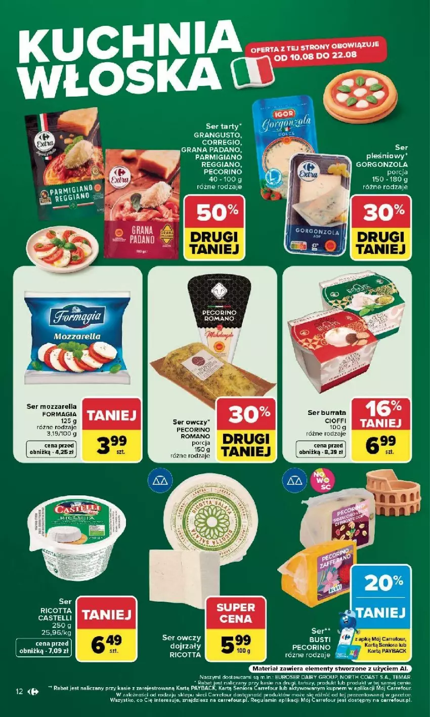 Gazetka promocyjna Carrefour - Gazetka Carrefour, Market w SUMIE najlepszy, od poniedziałku - ważna 10.08 do 14.08.2026 - strona 14 - produkty: Burrata, Fa, Gorgonzola, Gra, LG, Mozzarella, Pecorino, Por, Ricotta, Ser, Ser owczy