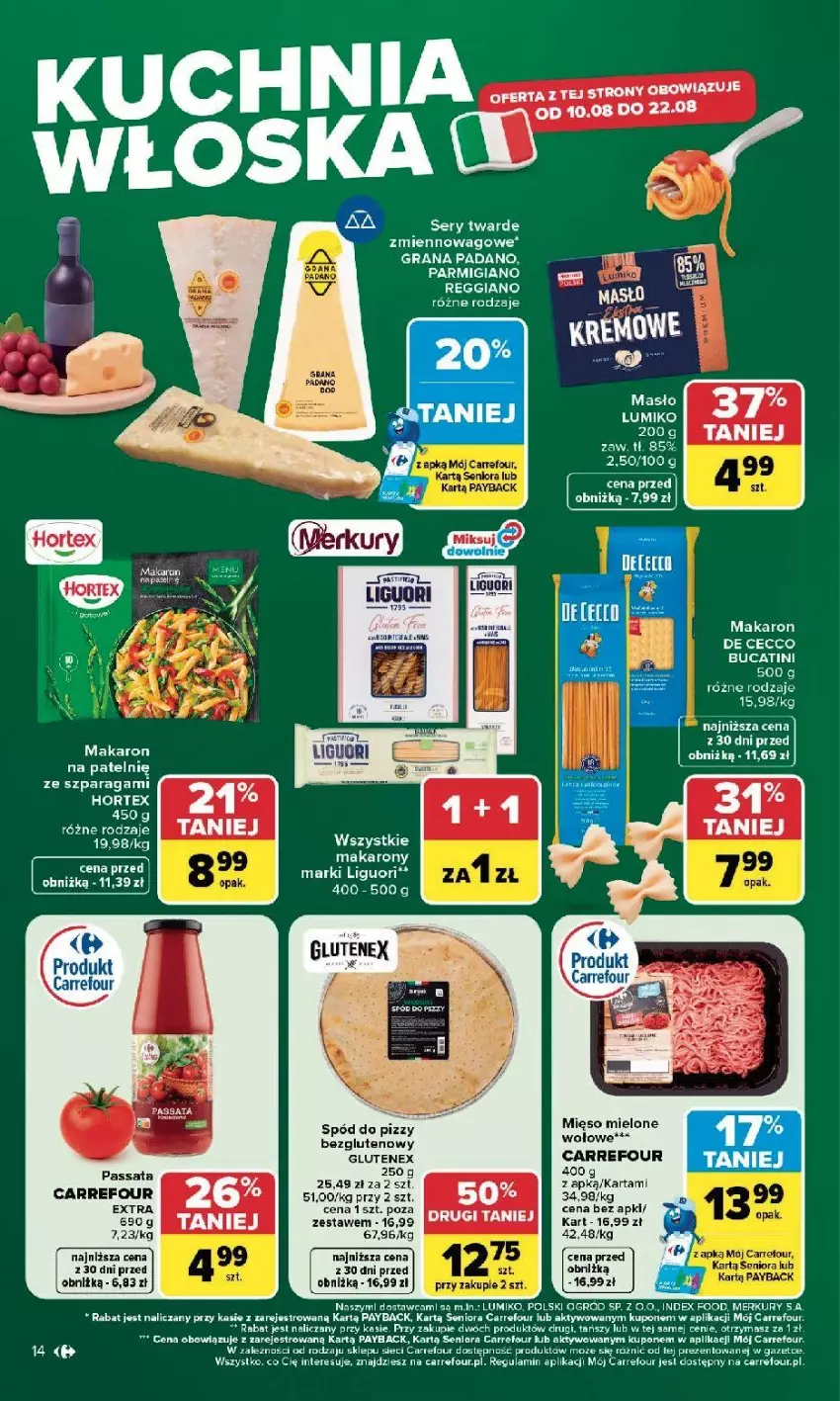 Gazetka promocyjna Carrefour - Gazetka Carrefour, Market w SUMIE najlepszy, od poniedziałku - ważna 10.08 do 14.08.2026 - strona 16 - produkty: Fa, Gra, Hortex, Makaron, Masło, Mięso, Mięso mielone, Ogród, Ser, Spód do pizzy, Tenex