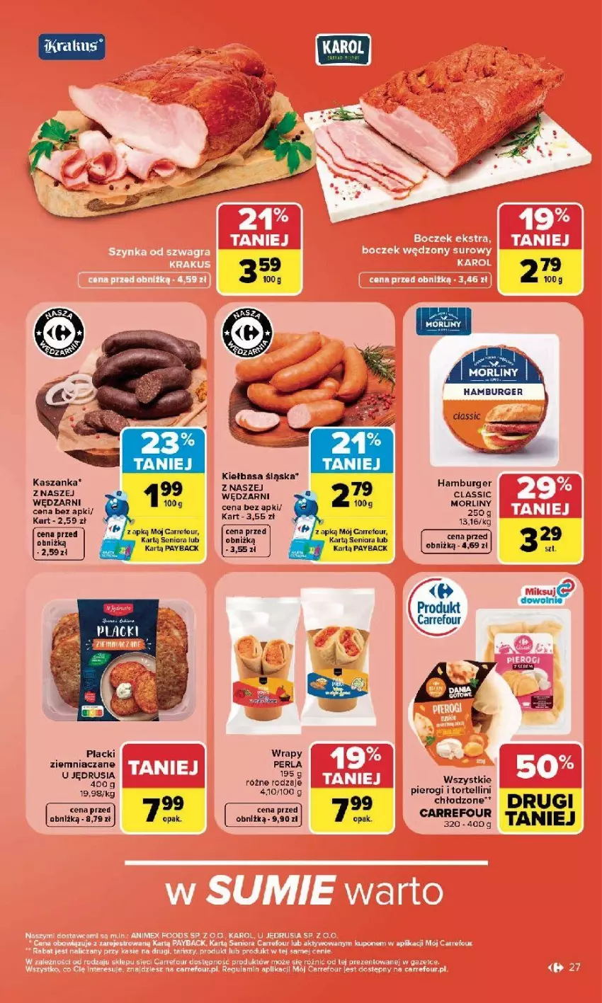 Gazetka promocyjna Carrefour - Gazetka Carrefour, Market w SUMIE najlepszy, od poniedziałku - ważna 10.08 do 14.08.2026 - strona 29 - produkty: Burger, Fa, Hamburger, Kasza, Kaszanka, Kiełbasa, Kiełbasa śląska, Krakus, Lack, Morliny, Pierogi