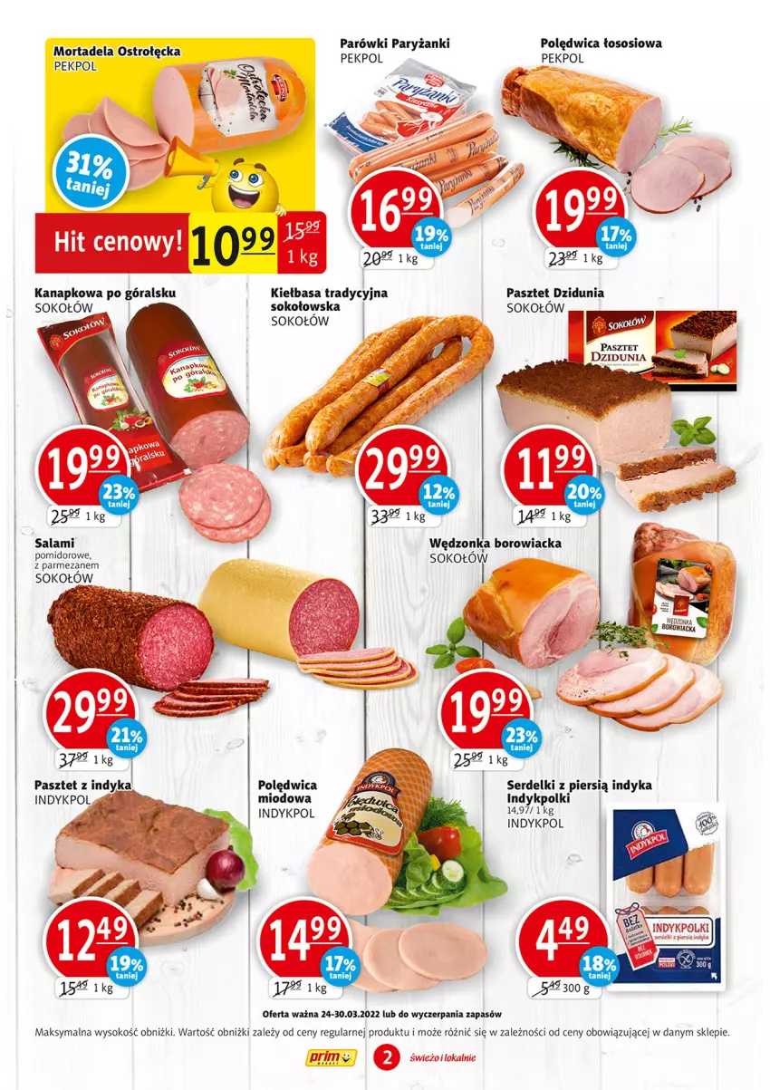 Gazetka promocyjna Prim Market - ważna 24.03 do 30.03.2022 - strona 2 - produkty: Kiełbasa, Parmezan, Parówki, Pasztet, Pasztet z indyka, Pekpol, Polędwica, Ryż, Salami, Ser, Serdelki, Sok, Sokołów, Sos