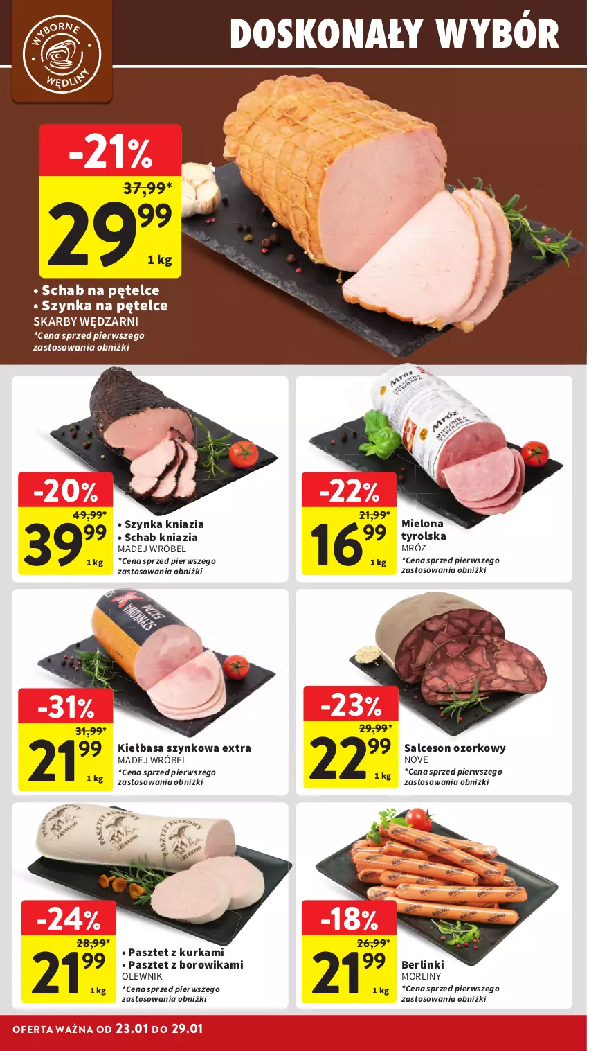 Gazetka promocyjna Intermarche - Gazetka promocyjna - ważna 23.01 do 29.01.2025 - strona 12 - produkty: Berlinki, Kiełbasa, Kiełbasa szynkowa, Madej Wróbel, Morliny, Olewnik, Pasztet, Salceson, Szynka