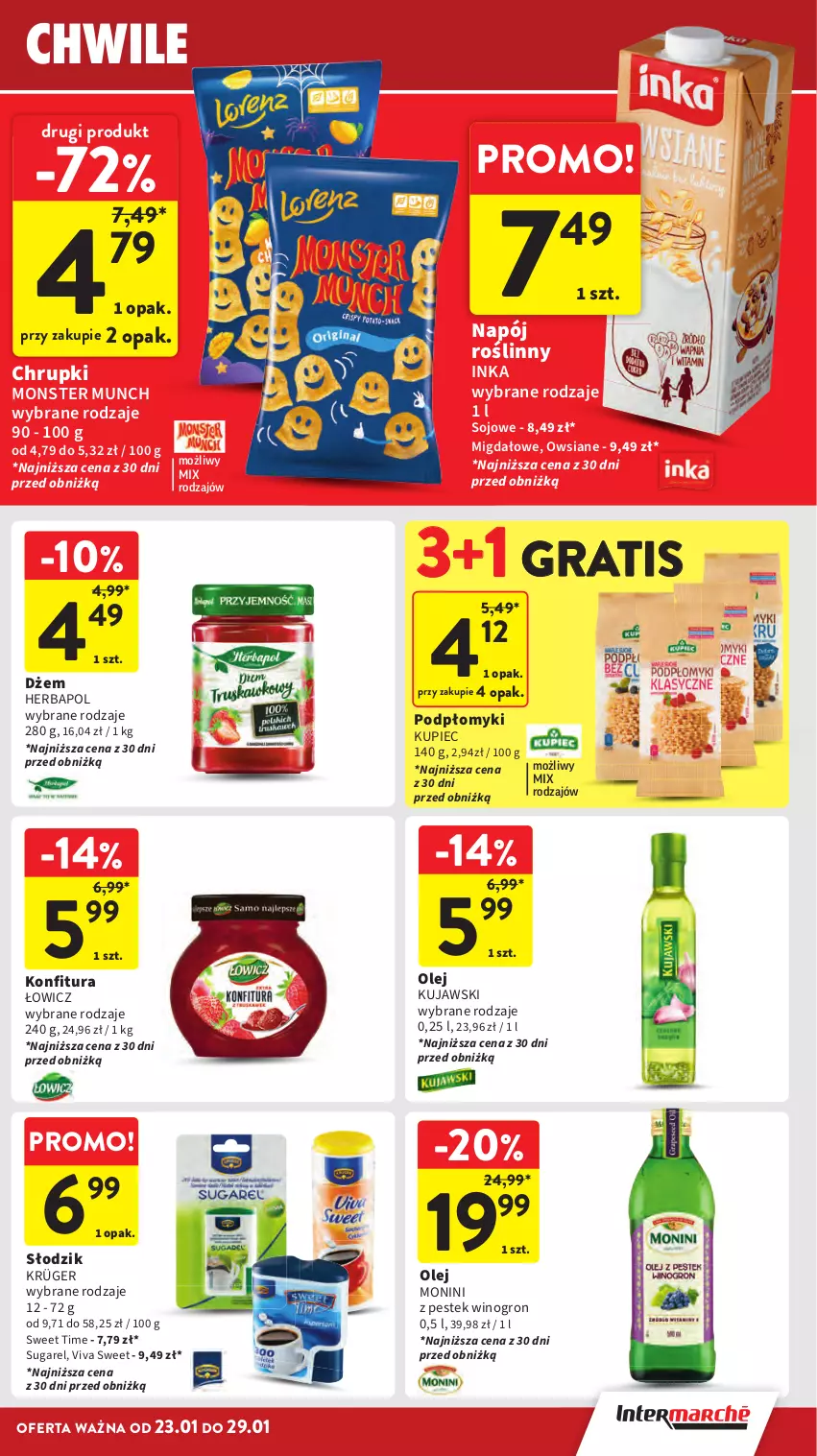 Gazetka promocyjna Intermarche - Gazetka promocyjna - ważna 23.01 do 29.01.2025 - strona 23 - produkty: Chrupki, Dżem, Gra, Herbapol, Inka, Konfitura, Kujawski, Kupiec, Monini, Monster Munch, Napój, Napój roślinny, Olej, Piec, Stek, Wino