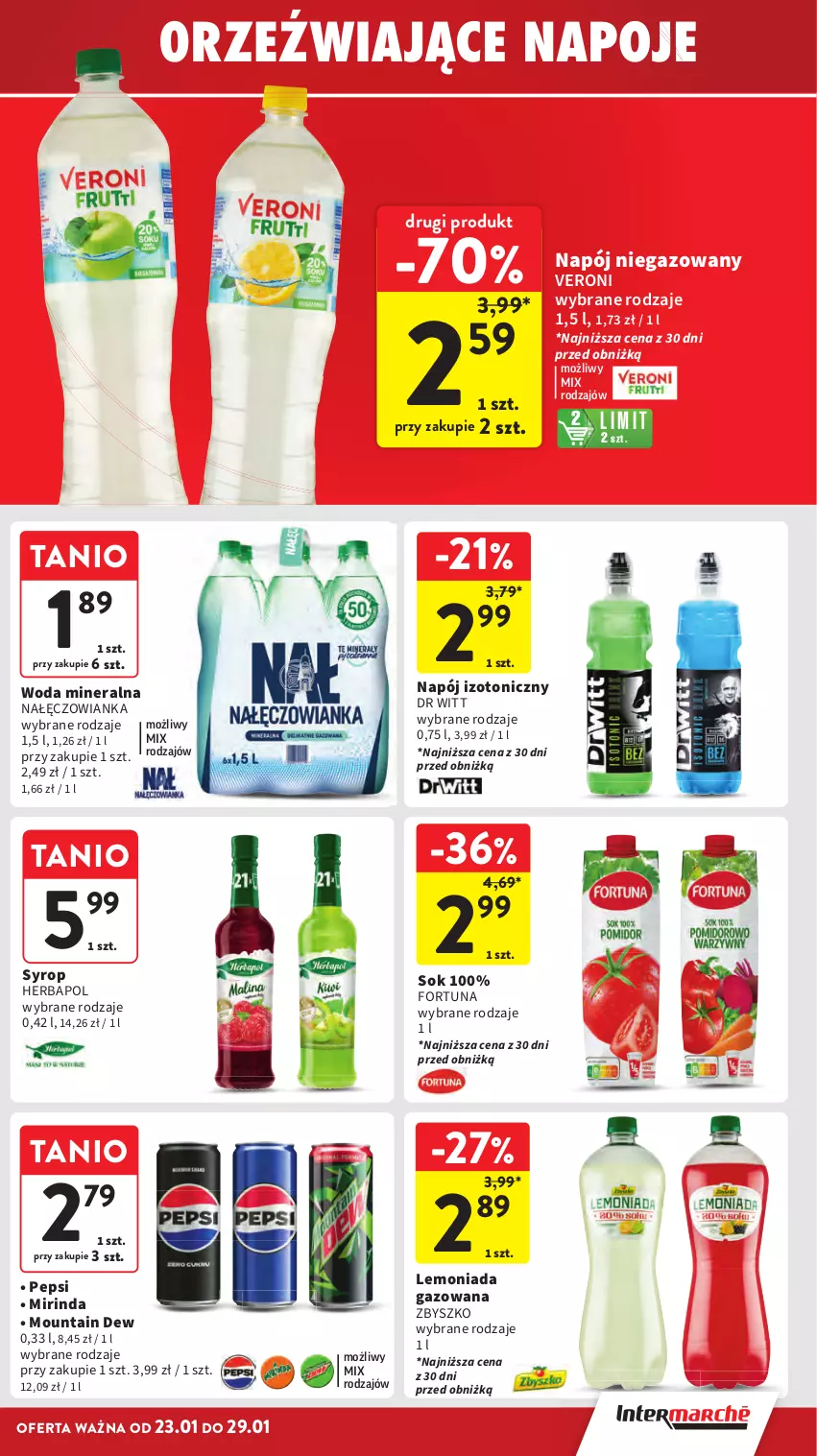 Gazetka promocyjna Intermarche - Gazetka promocyjna - ważna 23.01 do 29.01.2025 - strona 27 - produkty: Fortuna, Herbapol, Lemoniada, Mirinda, Nałęczowianka, Napój, Napój izotoniczny, Napój niegazowany, Napoje, Pepsi, Sok, Syrop, Woda, Woda mineralna