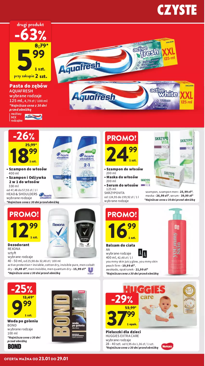 Gazetka promocyjna Intermarche - Gazetka promocyjna - ważna 23.01 do 29.01.2025 - strona 30 - produkty: Aquafresh, Balsam do ciała, Dezodorant, Dzieci, Huggies, Maska, Maska do włosów, Odżywka, Pasta do zębów, Pur, Rexona, Rum, Ser, Serum, Serum do włosów, Szampon, Woda, Woda po goleniu