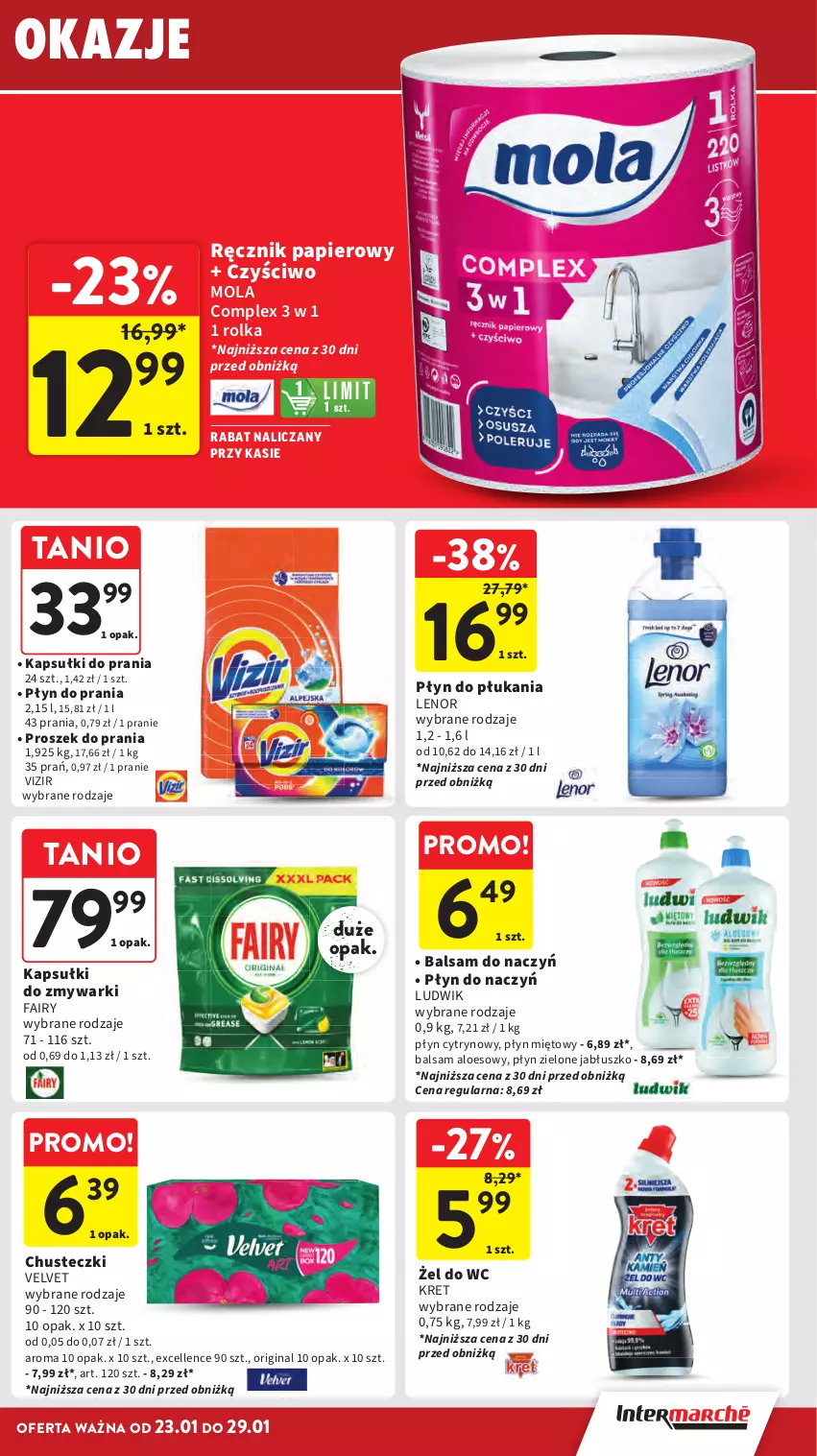 Gazetka promocyjna Intermarche - Gazetka promocyjna - ważna 23.01 do 29.01.2025 - strona 31 - produkty: Chusteczki, Fa, Fairy, Gin, Kapsułki do prania, Kret, Lenor, Ludwik, Mola, Papier, Płyn do płukania, Płyn do prania, Proszek do prania, Ręcznik, Velvet, Vizir, Zmywarki