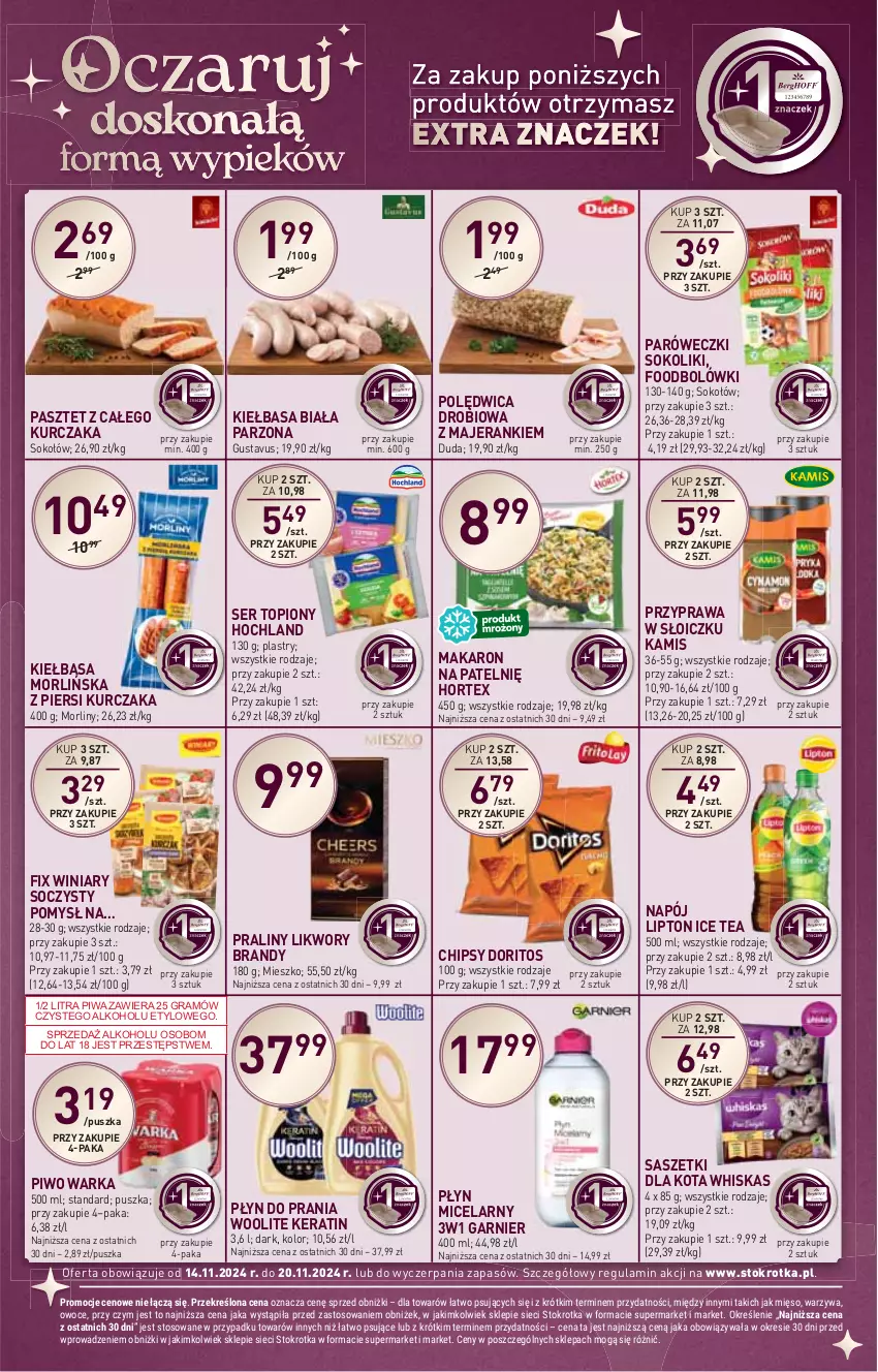 Gazetka promocyjna Stokrotka - Supermarket - ważna 14.11 do 20.11.2024 - strona 14 - produkty: Brandy, Chipsy, Duda, Garnier, Gra, Hochland, Hortex, HP, Ice tea, Kamis, Kiełbasa, Kiełbasa biała, Kurczak, Lipton, Makaron, Morliny, Napój, Pasztet, Piwa, Piwo, Płyn do prania, Płyn micelarny, Polędwica, Praliny, Ser, Ser topiony, Sok, Sokołów, Top, Warka, Whiskas, Winiary, Woolite