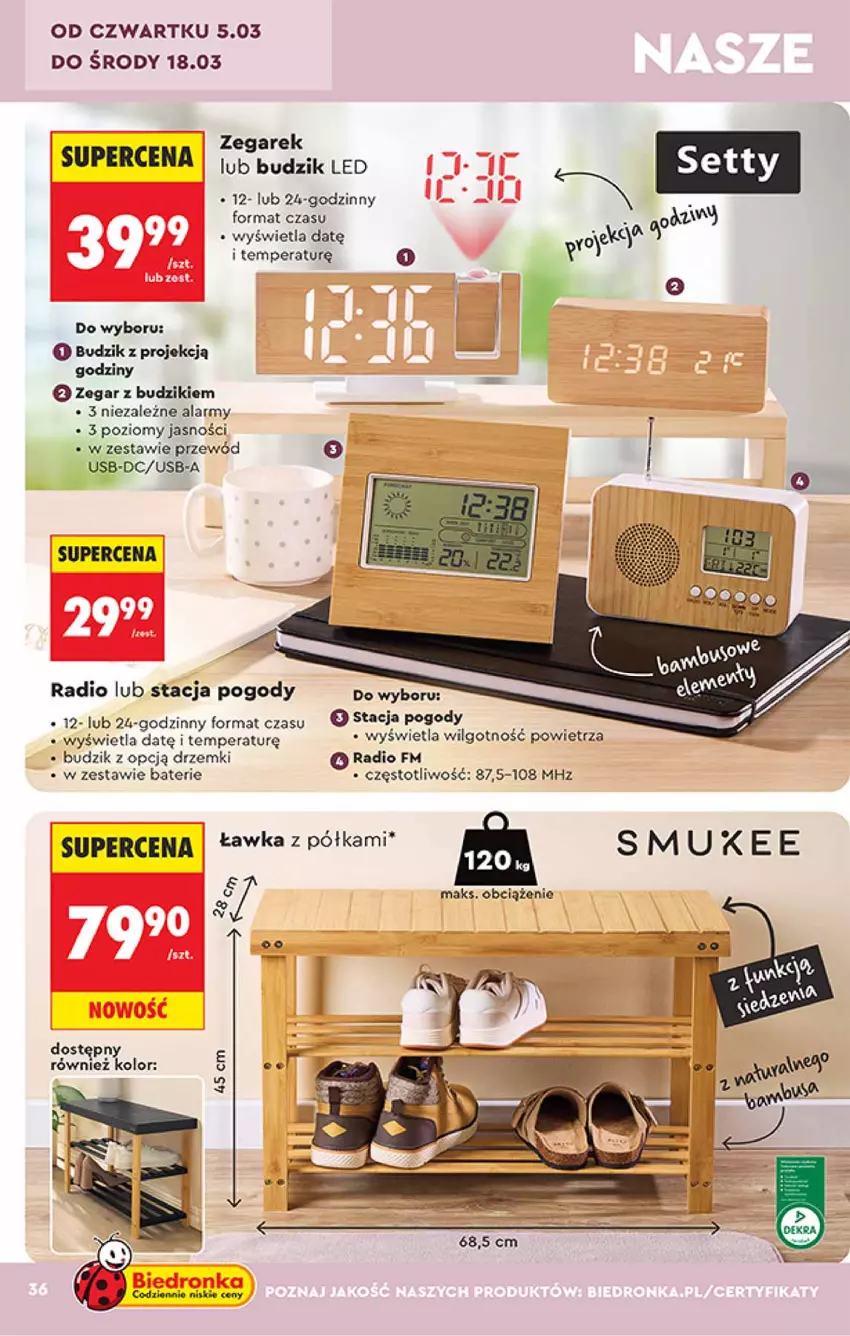 Gazetka promocyjna Biedronka - Okazje Tygodnia - ważna 28.02 do 14.03.2026 - strona 36 - produkty: Budzik, LG, Przewód, Zegar, Zegarek