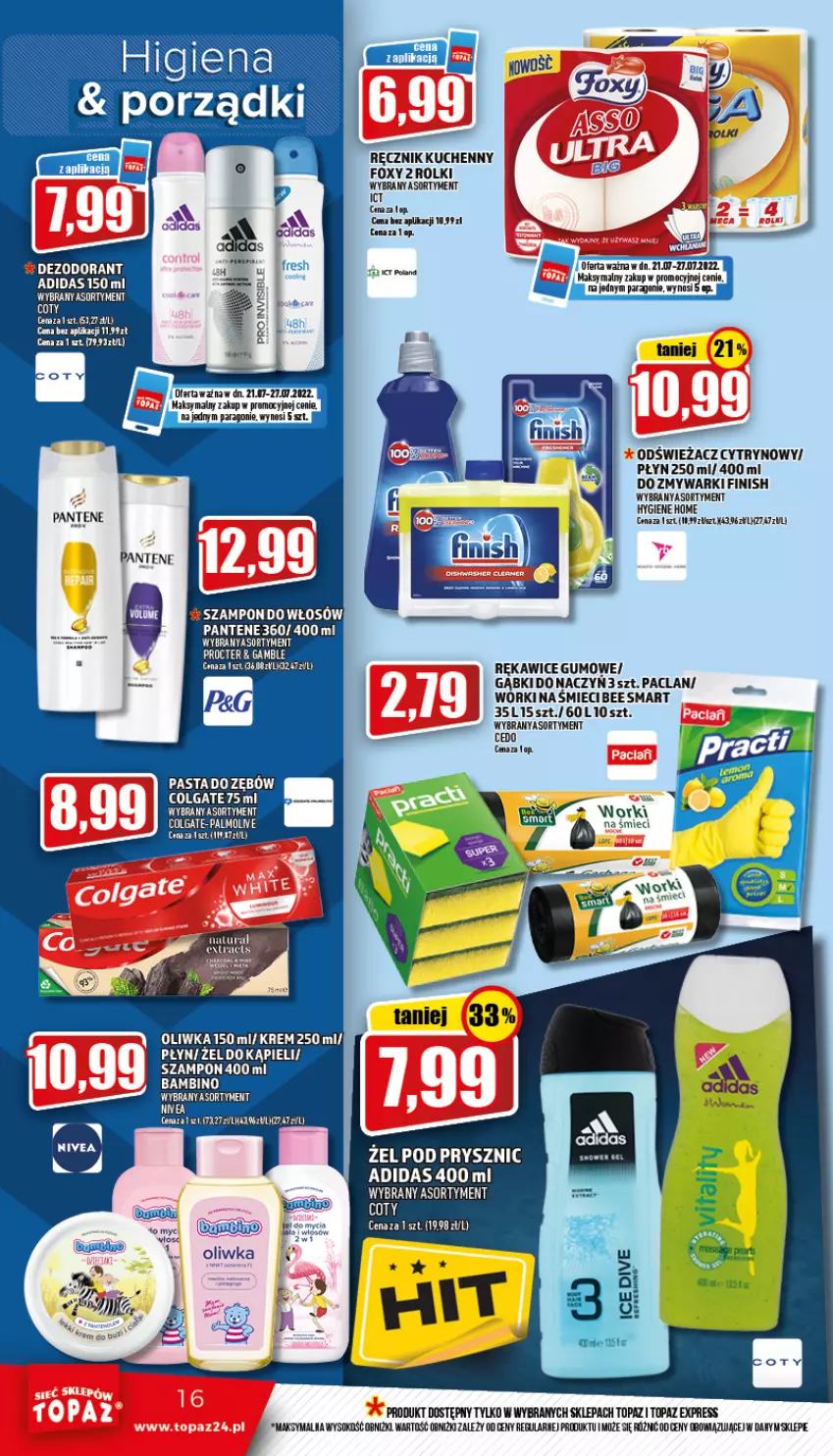 Gazetka promocyjna Topaz - Gazetka - ważna 21.07 do 27.07.2022 - strona 16 - produkty: Adidas, Finish, Foxy, Pantene, Ręcznik, Rękawice, Rolki, Sok, Top, Zmywarki