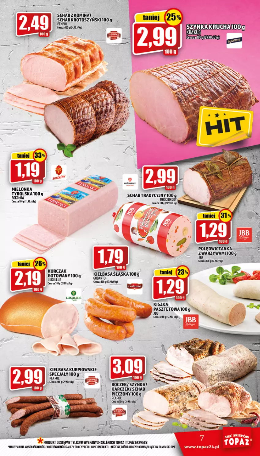 Gazetka promocyjna Topaz - Gazetka - ważna 21.07 do 27.07.2022 - strona 7 - produkty: Cement, Kiełbasa, Kiełbasa śląska, Kurczak, Mielonka tyrolska, Pasztet, Piec, Sok, Sokołów, Top, Warzywa