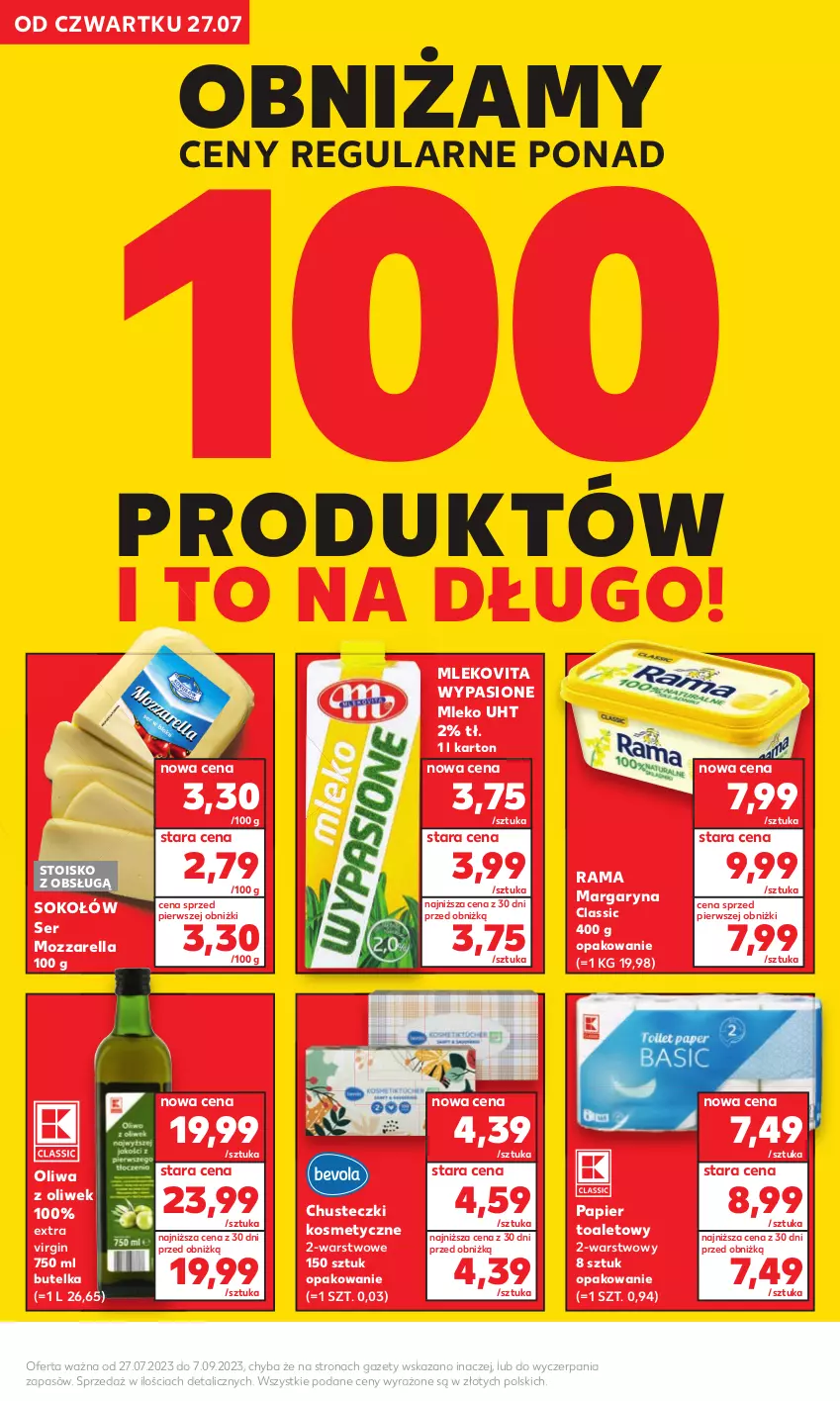 Gazetka promocyjna Kaufland - Kaufland - ważna 27.07 do 09.08.2023 - strona 14 - produkty: Chusteczki, Chusteczki kosmetyczne, Gin, Margaryna, Mleko, Mlekovita, Mozzarella, Oliwa, Oliwa z oliwek, Papier, Papier toaletowy, Rama, Ser, Sok, Sokołów